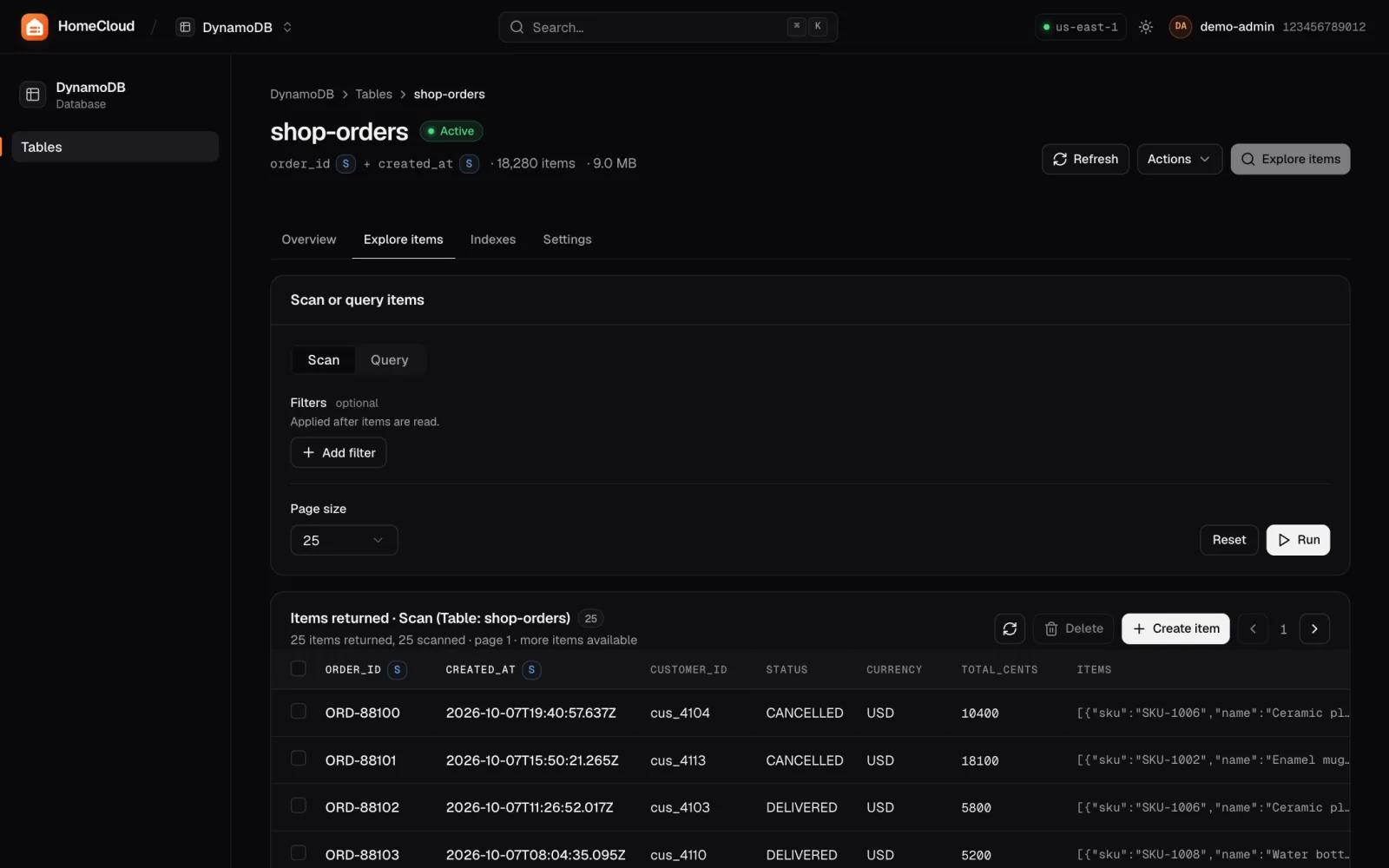 A DynamoDB table page showing items and the query editor.